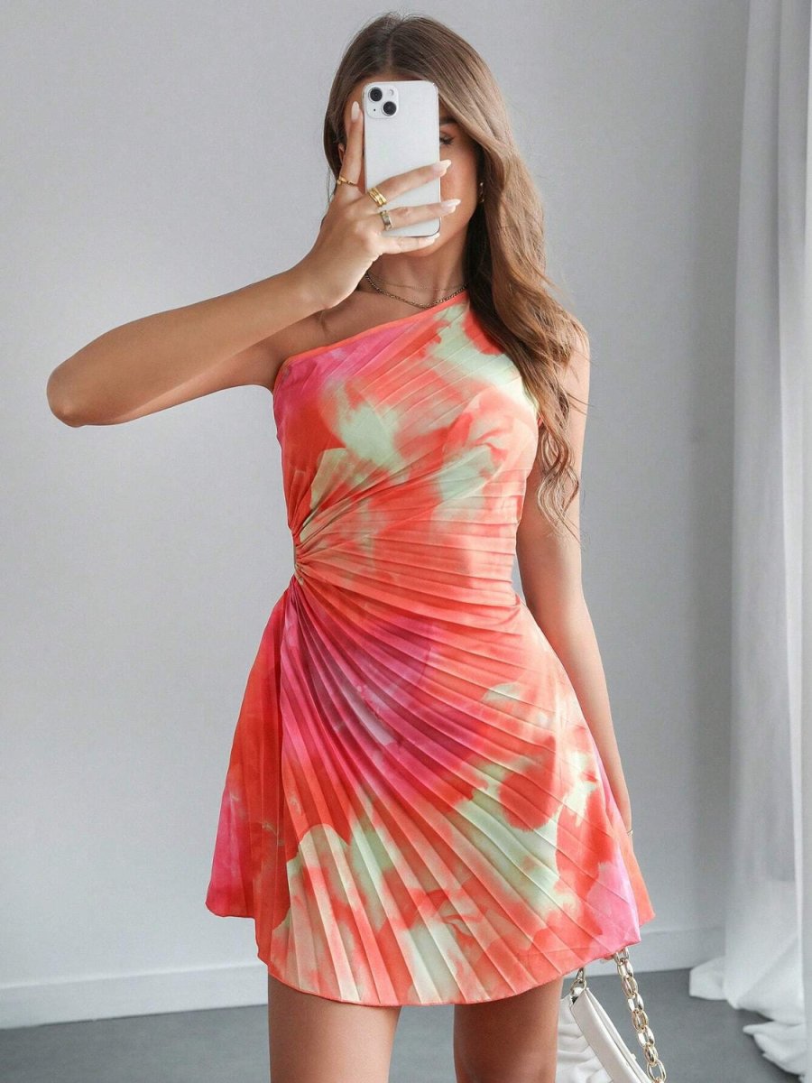 Cutout Drawstring Pleated Tie - Dye Sleeveless Mini Dress - New Arrivals